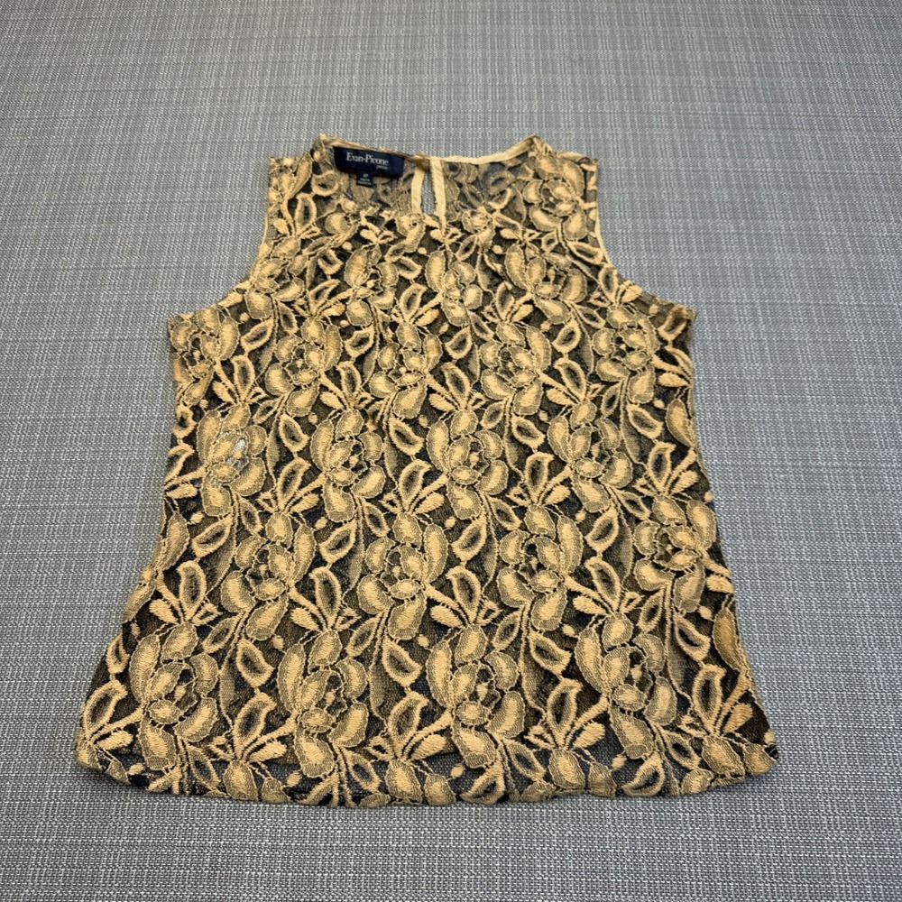 Evan Picone Petite Lace Tank Top size 4P Sheer Sleeveless Gold Black Dressy